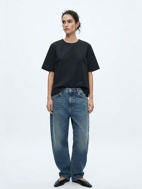 Zara Black Short Sleeve Boxy Blouse Top Size L Back Button Closure Minimalist